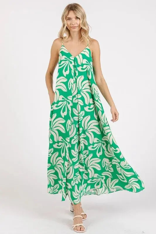 Mittoshop Printed V-Neck Maxi Cami Dress with Pockets Opaque - Love Salve